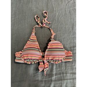 Victoria's Secret Thin Stripes High Tie Halter Bikini Top 34A‎ Multicolor Beach